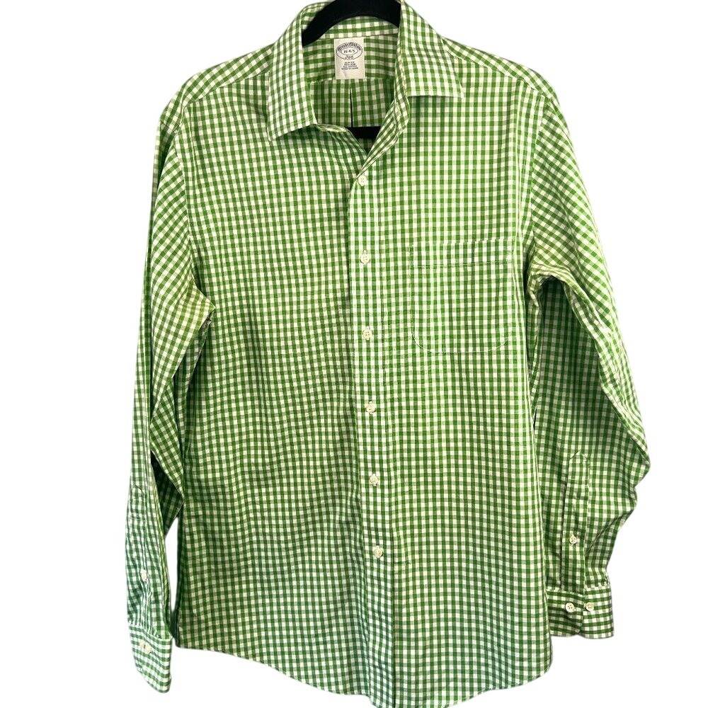 Brooks Brothers 346‎ Mens Button-up Shirt Slim Fit Cotton Green White Gingham